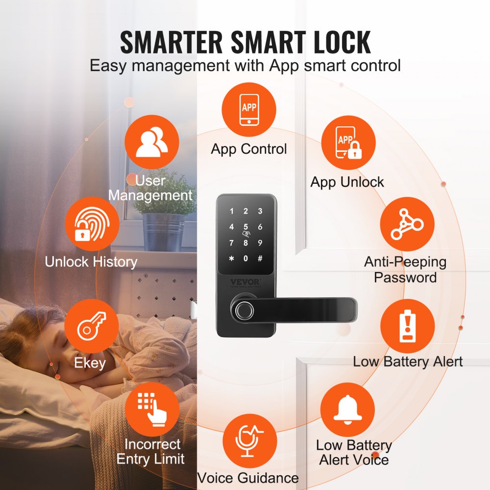 VEVOR Smart Lock, 5-in-1 Smart Door Knob, Fingerprint Deadbolt with App Control, Keyless Entry Door Lock with Handle, Bluetooth Smart Lock, Biometric Door Lock, Keypad Digital Door Lock for Front Door 