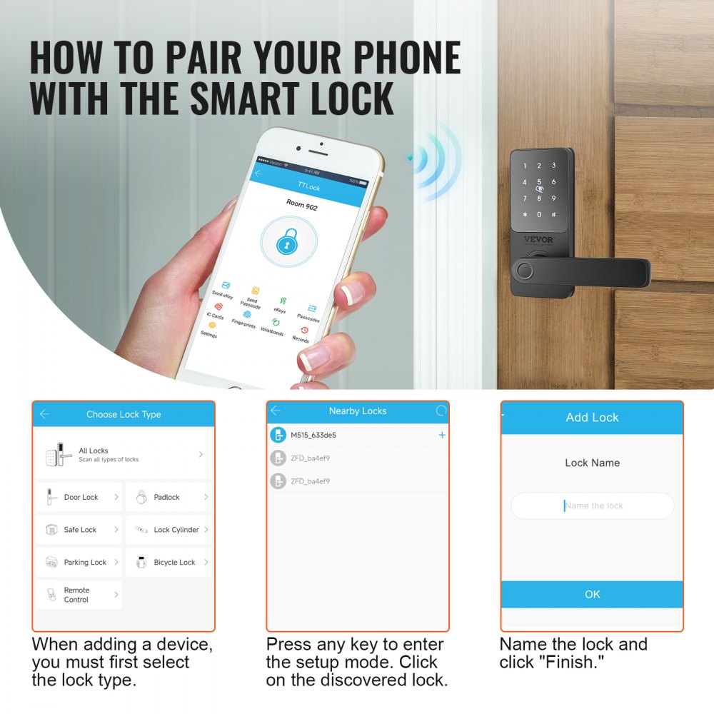 VEVOR Smart Lock, 5-in-1 Smart Door Knob, Fingerprint Deadbolt with App Control, Keyless Entry Door Lock with Handle, Bluetooth Smart Lock, Biometric Door Lock, Keypad Digital Door Lock for Front Door 