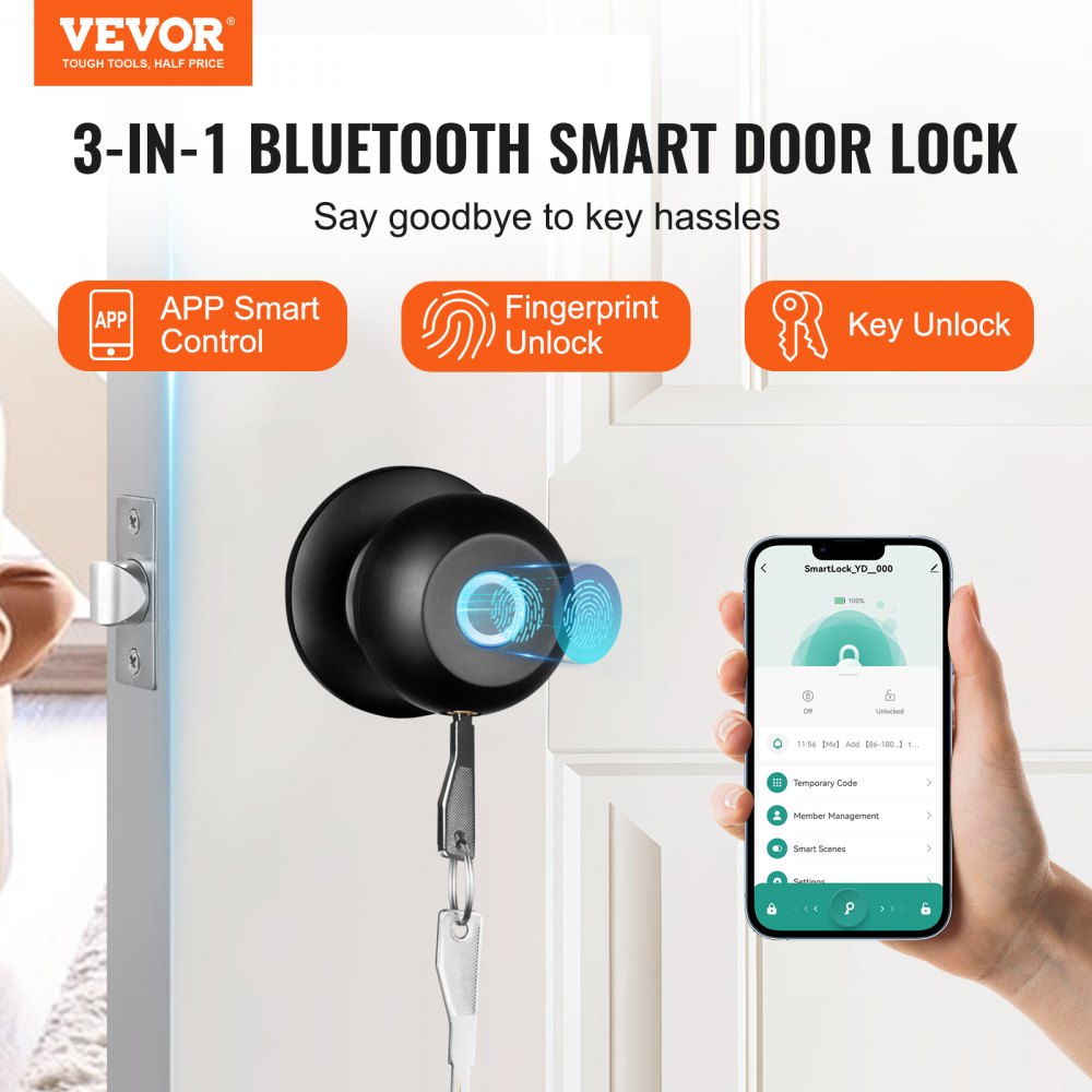 VEVOR Smart Door Knob, Fingerprint Smart Lock with APP Control, Biometric Door Lock Bluetooth Smart Lock, Easy Installation Door Lock, for Home Bedrooms, Cloakroom, Hotels, Apartments Offices, Black 