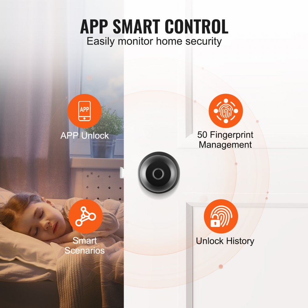 VEVOR Smart Door Knob, Fingerprint Smart Lock with APP Control, Biometric Door Lock Bluetooth Smart Lock, Easy Installation Door Lock, for Home Bedrooms, Cloakroom, Hotels, Apartments Offices, Black 
