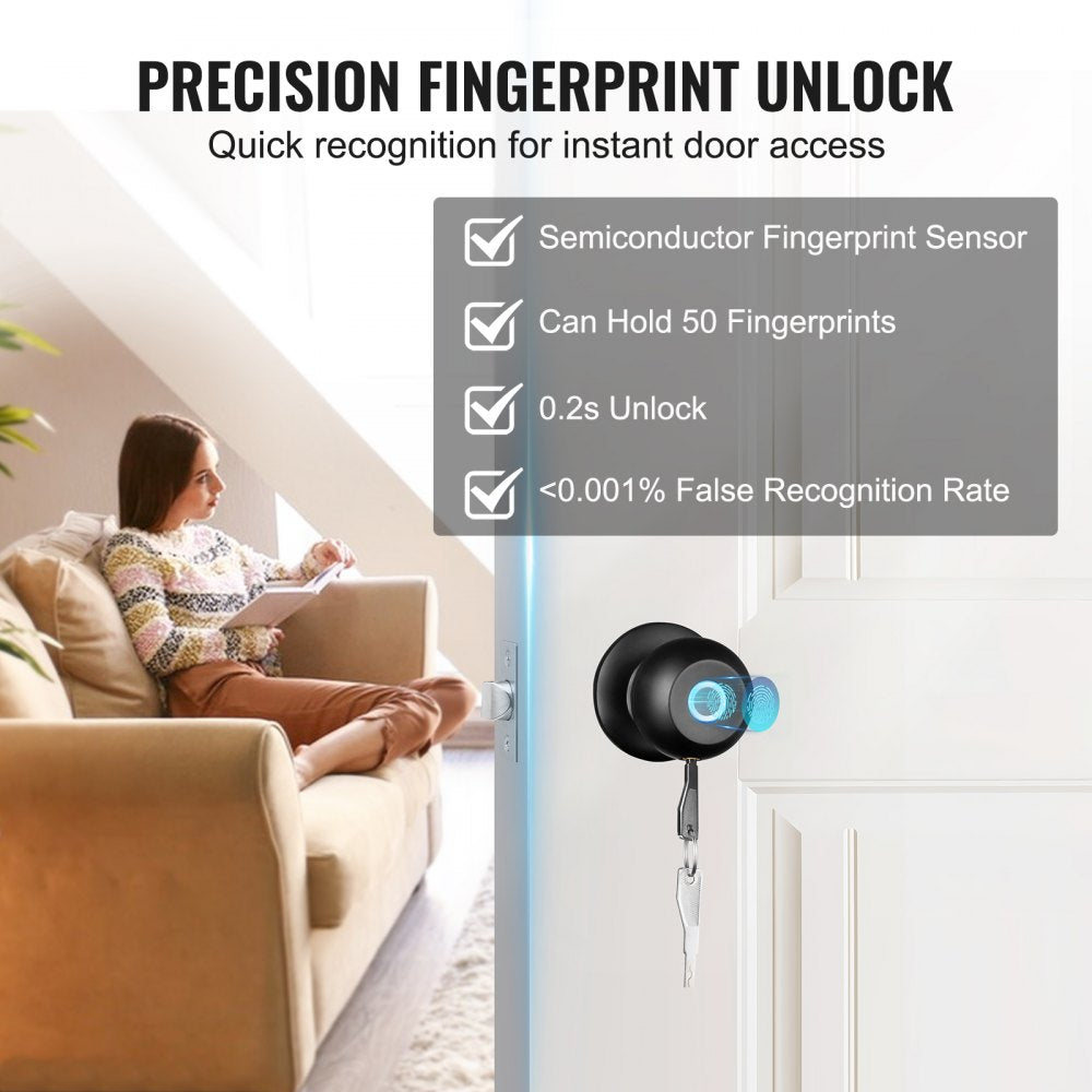 VEVOR Smart Door Knob, Fingerprint Smart Lock with APP Control, Biometric Door Lock Bluetooth Smart Lock, Easy Installation Door Lock, for Home Bedrooms, Cloakroom, Hotels, Apartments Offices, Black 