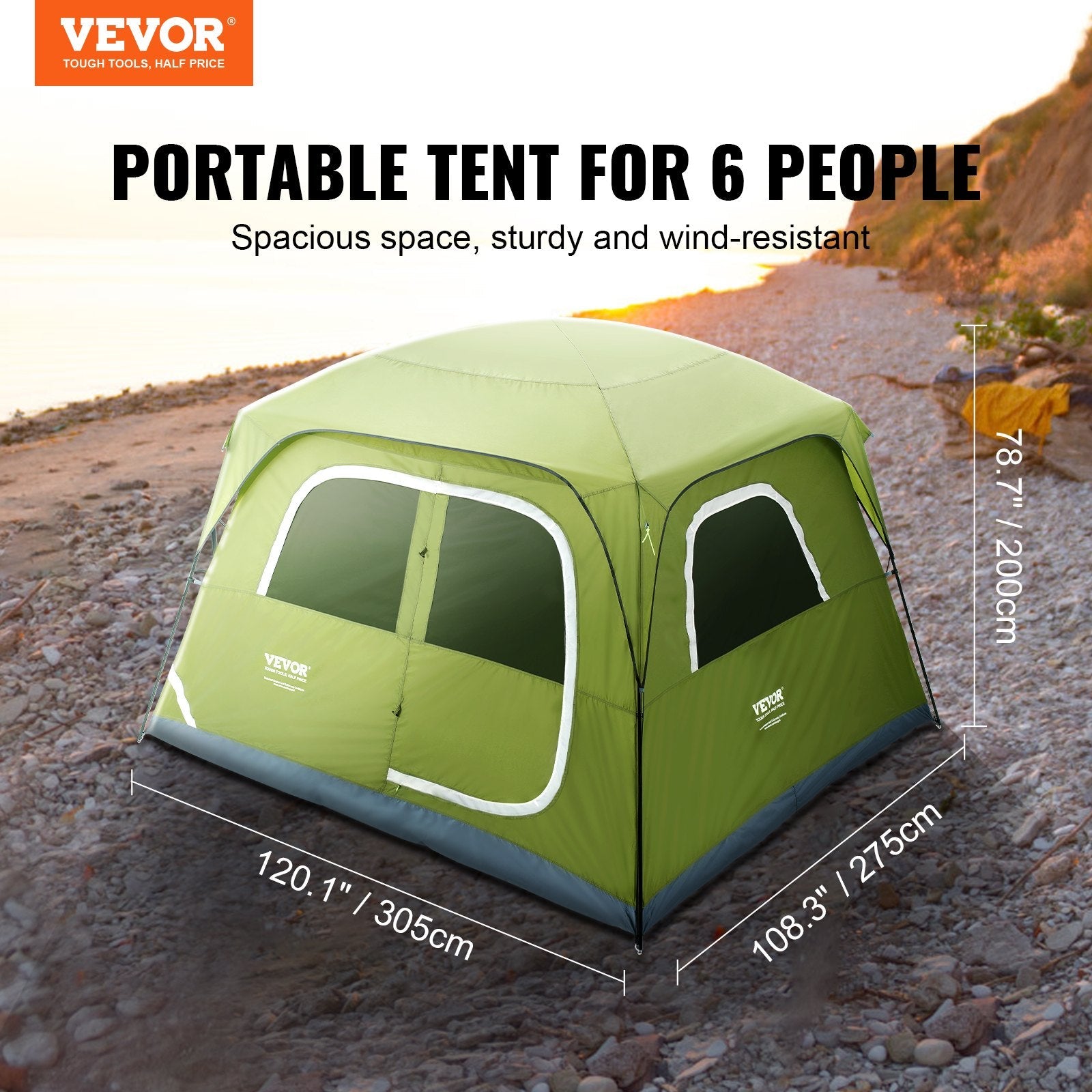 VEVOR Camping Tent, 10 x 9 x 6.5 ft Fit for 6 Person, Waterproof Lightweight Backpacking Tent, Easy Setup, with Door and Window, for Outdoor Family Camping, Hiking, Hunting, Mountaineering Travel 