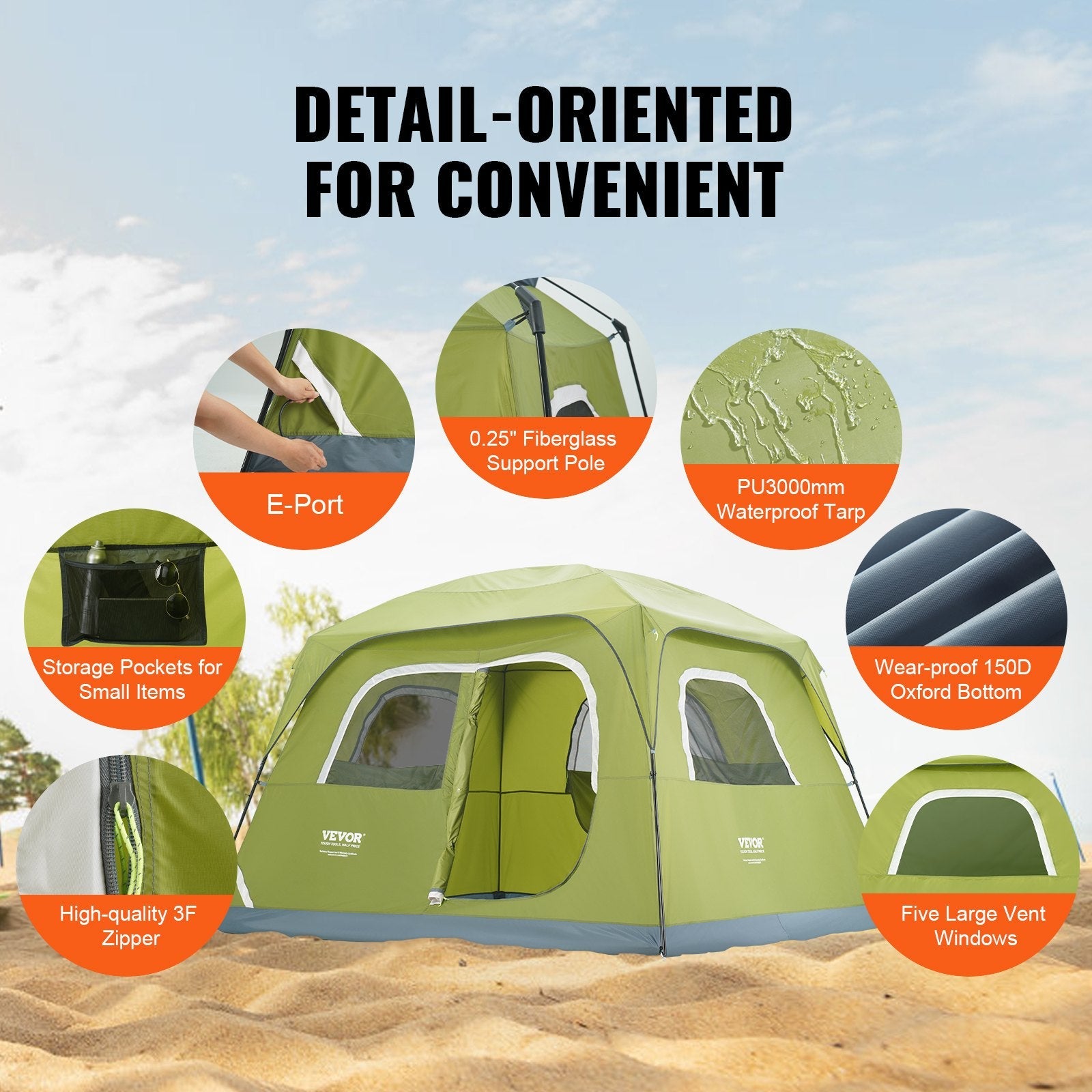VEVOR Camping Tent, 10 x 9 x 6.5 ft Fit for 6 Person, Waterproof Lightweight Backpacking Tent, Easy Setup, with Door and Window, for Outdoor Family Camping, Hiking, Hunting, Mountaineering Travel 