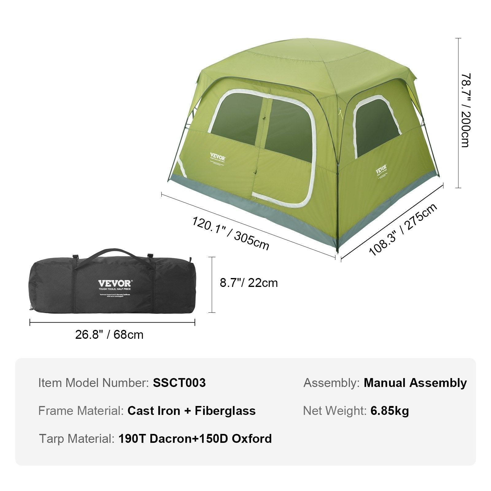 VEVOR Camping Tent, 10 x 9 x 6.5 ft Fit for 6 Person, Waterproof Lightweight Backpacking Tent, Easy Setup, with Door and Window, for Outdoor Family Camping, Hiking, Hunting, Mountaineering Travel 