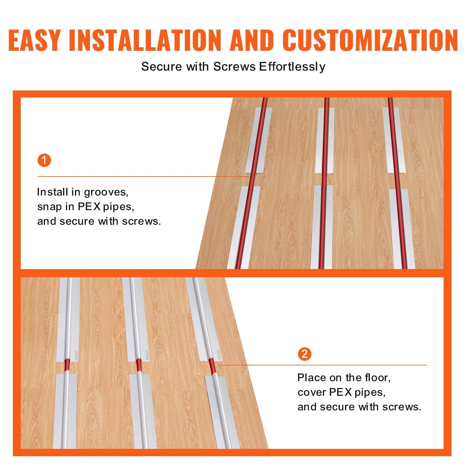 VEVOR PEX Heat Transfer Plates 2 ft, Radiant Heat Plates for 3/4" PEX Pipe, Durable Aluminum & Easy Trimming and Install Underfloor Heat Tubing Plates, Perfect for Wooden Floors (200pcs) 