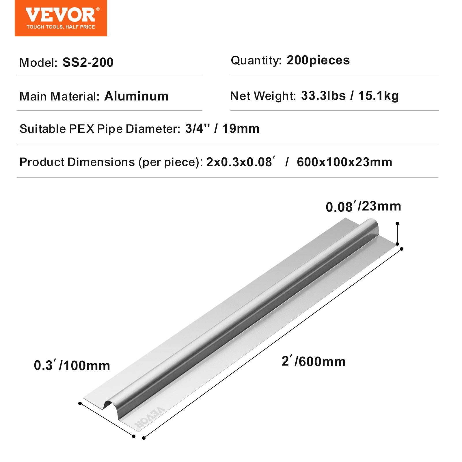 VEVOR PEX Heat Transfer Plates 2 ft, Radiant Heat Plates for 3/4" PEX Pipe, Durable Aluminum & Easy Trimming and Install Underfloor Heat Tubing Plates, Perfect for Wooden Floors (200pcs) 