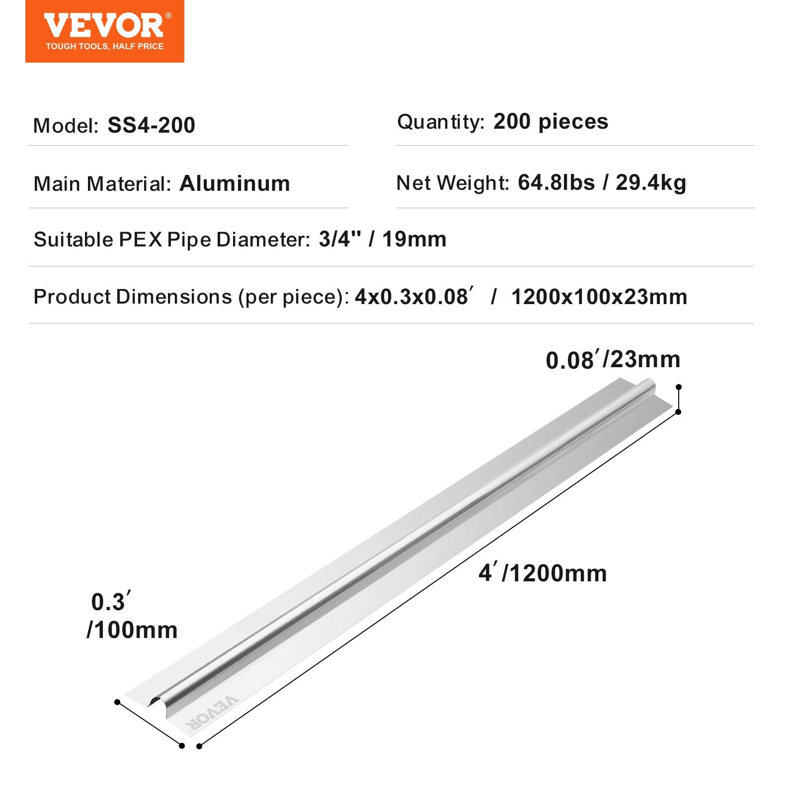 VEVOR PEX Heat Transfer Plates 4 ft, Radiant Heat Plates for 3/4" PEX Pipe, Durable Aluminum & Easy Trimming and Install Underfloor Heat Tubing Plates, Perfect for Wooden Floors (200pcs) 