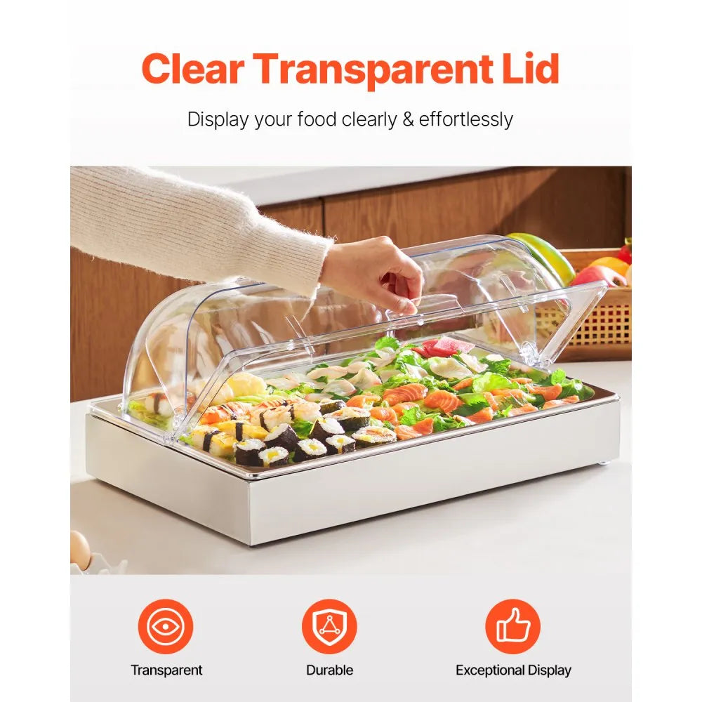 VEVOR Countertop Food Serving Display Container, 1 x 1 Pan Stainless Steel Food Serving Tray, Buffet Condiment Dispenser Display Rack with Clear Lid & 3 Ice Trays, for Restaurant Hotel Kitchen Party 