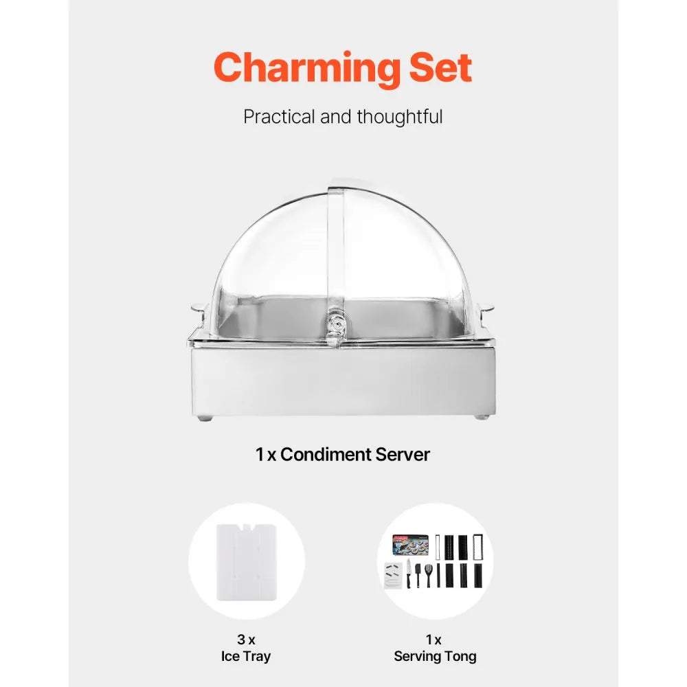 VEVOR Countertop Food Serving Display Container, 1 x 1 Pan Stainless Steel Food Serving Tray, Buffet Condiment Dispenser Display Rack with Clear Lid & 3 Ice Trays, for Restaurant Hotel Kitchen Party 