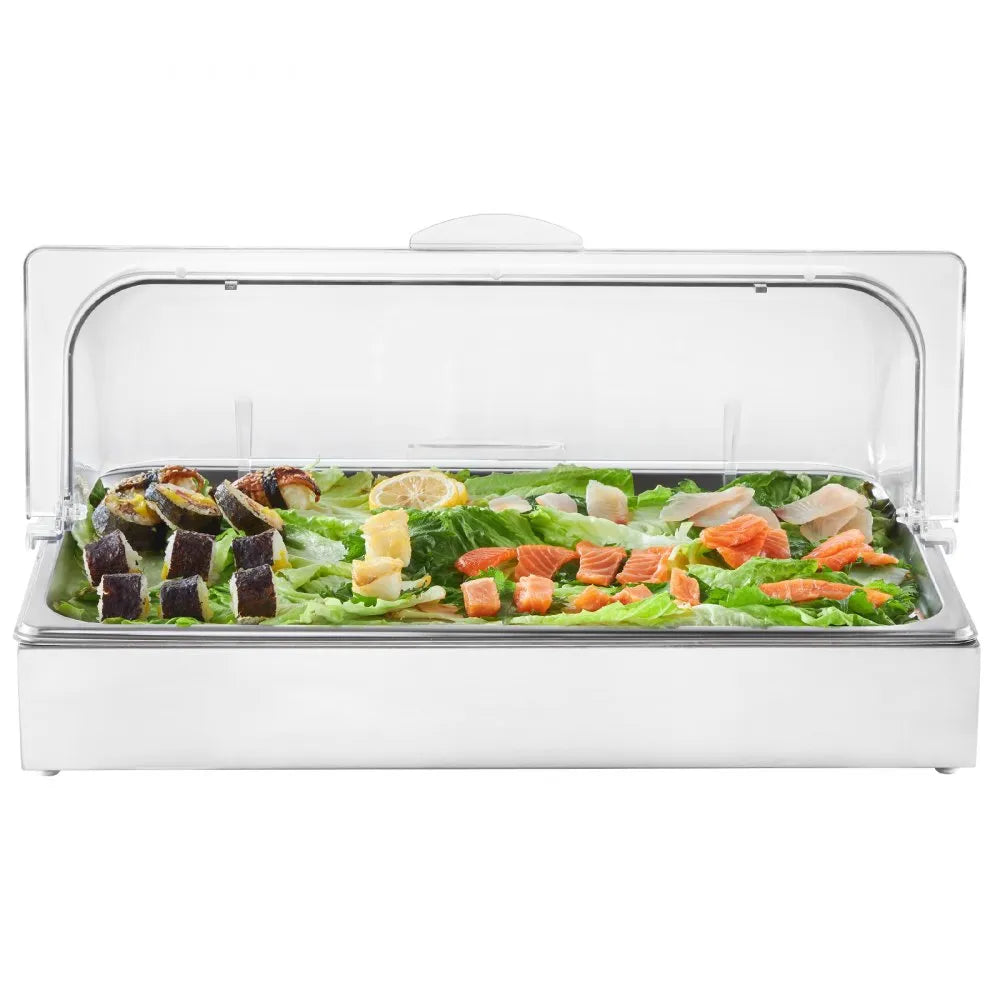 VEVOR Countertop Food Serving Display Container, 1 x 1 Pan Stainless Steel Food Serving Tray, Buffet Condiment Dispenser Display Rack with Clear Lid & 3 Ice Trays, for Restaurant Hotel Kitchen Party 