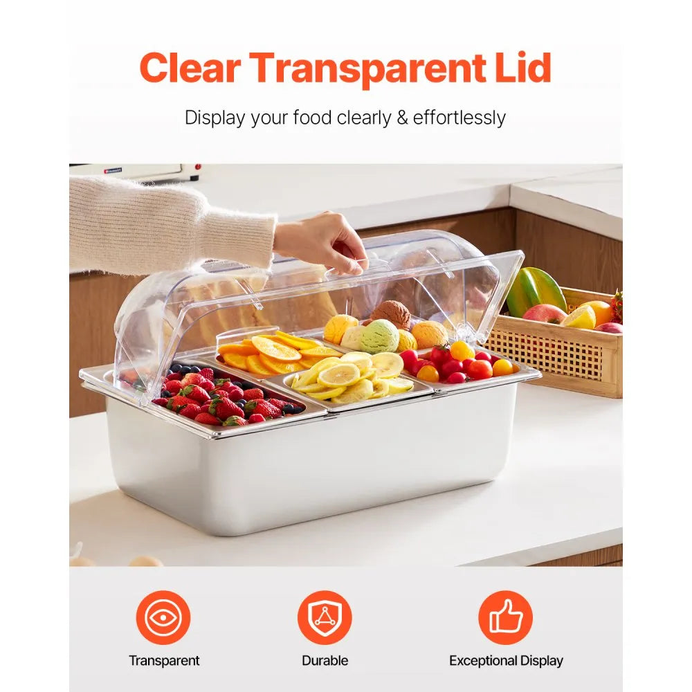 VEVOR Countertop Food Serving Display Container, 5 Pan Stainless Steel Food Serving Tray, Buffet Condiment Dispenser Display Rack with Clear Lid & 3 Freezer Boxes, for Restaurant Hotel Kitchen Party 