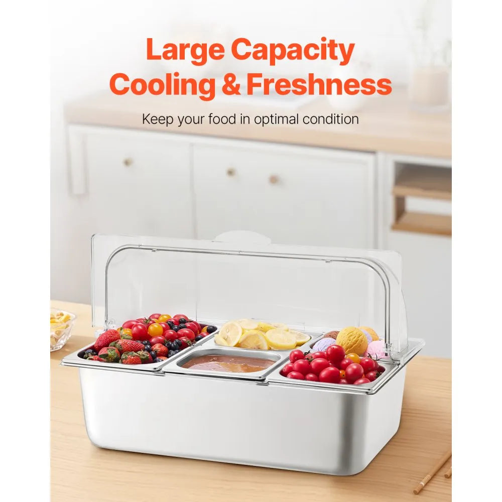 VEVOR Countertop Food Serving Display Container, 5 Pan Stainless Steel Food Serving Tray, Buffet Condiment Dispenser Display Rack with Clear Lid & 3 Freezer Boxes, for Restaurant Hotel Kitchen Party 