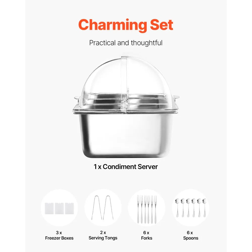 VEVOR Countertop Food Serving Display Container, 5 Pan Stainless Steel Food Serving Tray, Buffet Condiment Dispenser Display Rack with Clear Lid & 3 Freezer Boxes, for Restaurant Hotel Kitchen Party 