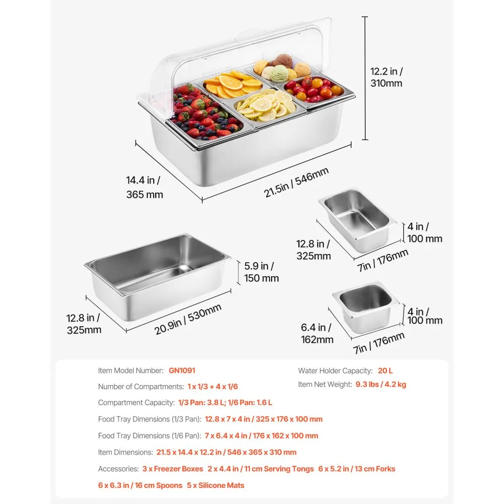 VEVOR Countertop Food Serving Display Container, 5 Pan Stainless Steel Food Serving Tray, Buffet Condiment Dispenser Display Rack with Clear Lid & 3 Freezer Boxes, for Restaurant Hotel Kitchen Party 