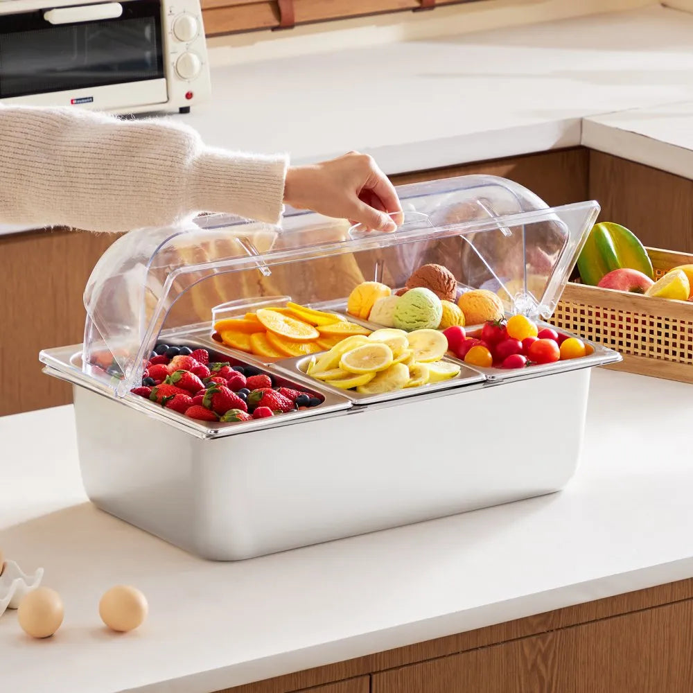 VEVOR Countertop Food Serving Display Container, 5 Pan Stainless Steel Food Serving Tray, Buffet Condiment Dispenser Display Rack with Clear Lid & 3 Freezer Boxes, for Restaurant Hotel Kitchen Party 