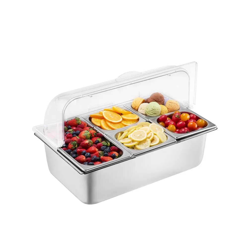 VEVOR Countertop Food Serving Display Container, 5 Pan Stainless Steel Food Serving Tray, Buffet Condiment Dispenser Display Rack with Clear Lid & 3 Freezer Boxes, for Restaurant Hotel Kitchen Party 