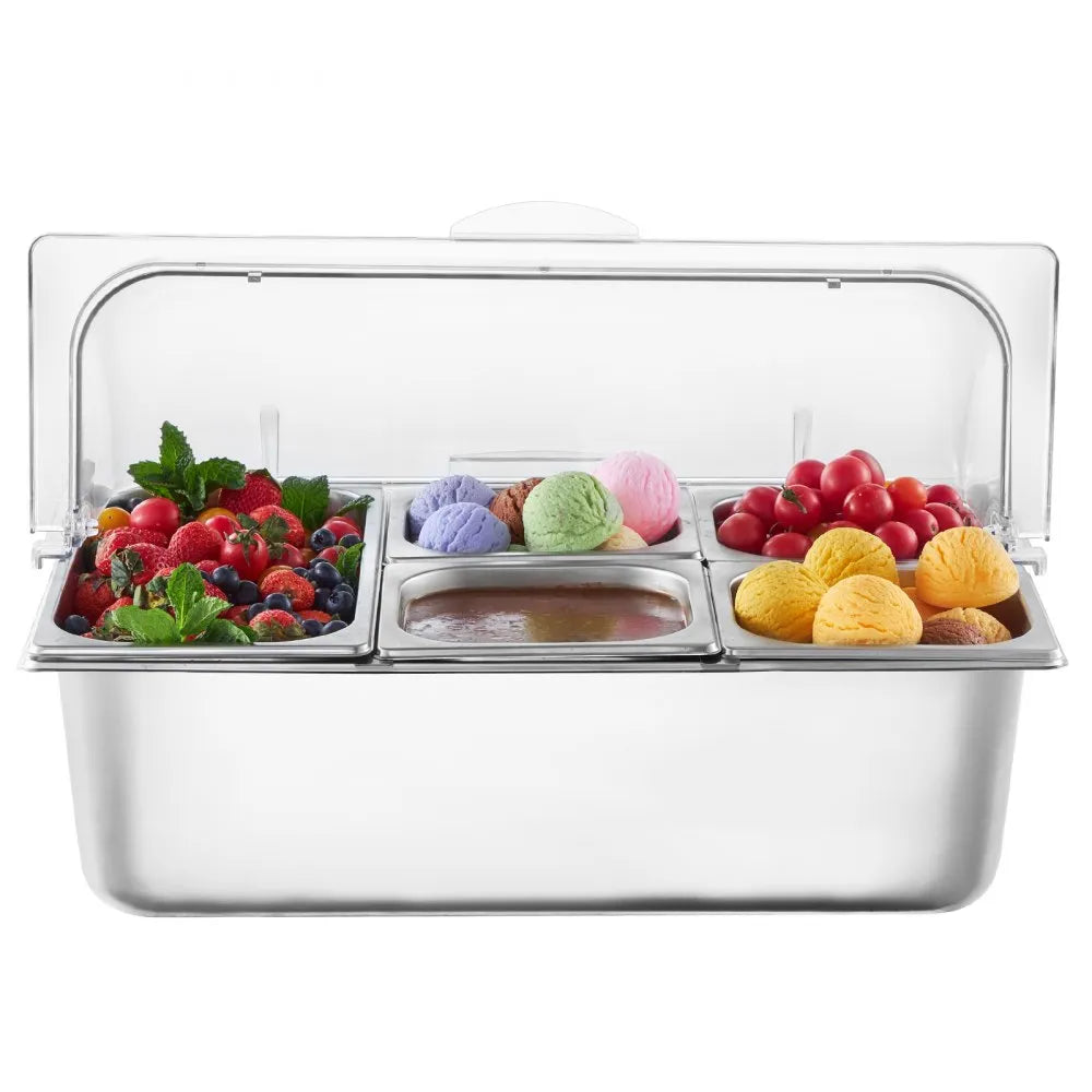 VEVOR Countertop Food Serving Display Container, 5 Pan Stainless Steel Food Serving Tray, Buffet Condiment Dispenser Display Rack with Clear Lid & 3 Freezer Boxes, for Restaurant Hotel Kitchen Party 