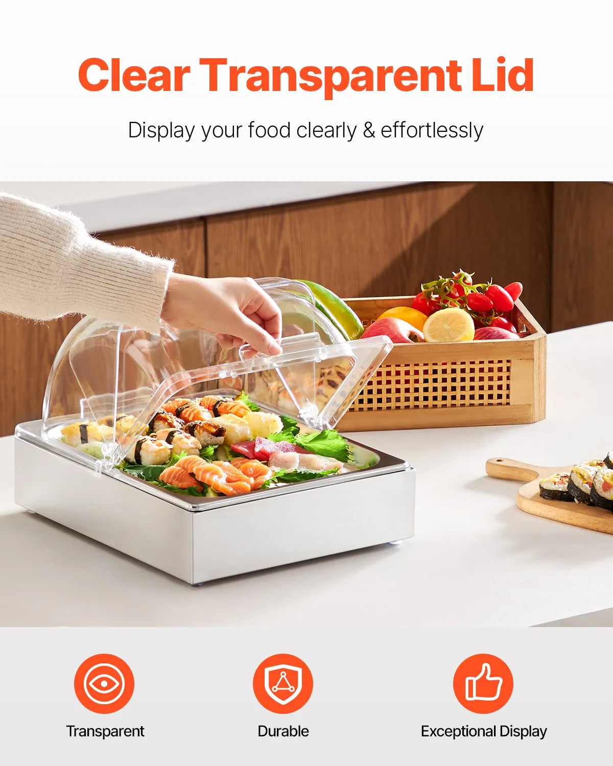 VEVOR Countertop Food Serving Display Container, 1 x 1/2 Pan Stainless Steel Food Serving Tray, Buffet Condiment Dispenser Display Rack with Clear Lid & Ice Tray, for Restaurant Hotel Kitchen Party 