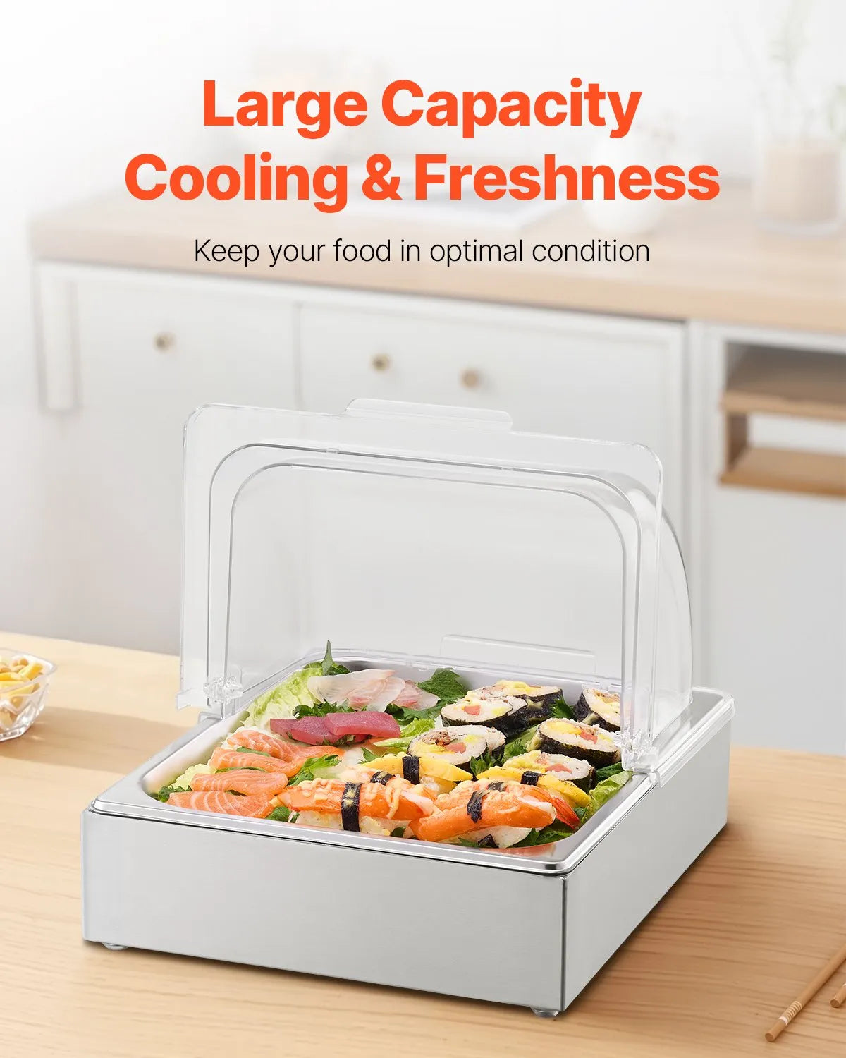 VEVOR Countertop Food Serving Display Container, 1 x 1/2 Pan Stainless Steel Food Serving Tray, Buffet Condiment Dispenser Display Rack with Clear Lid & Ice Tray, for Restaurant Hotel Kitchen Party 