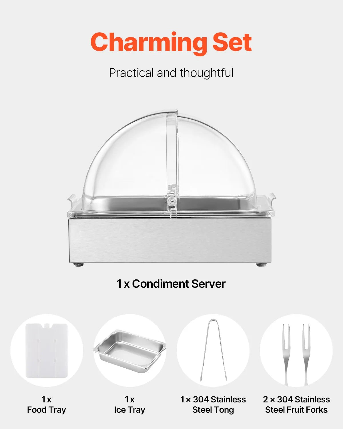 VEVOR Countertop Food Serving Display Container, 1 x 1/2 Pan Stainless Steel Food Serving Tray, Buffet Condiment Dispenser Display Rack with Clear Lid & Ice Tray, for Restaurant Hotel Kitchen Party 