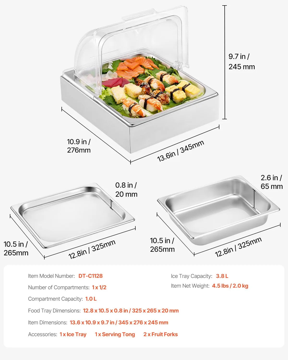 VEVOR Countertop Food Serving Display Container, 1 x 1/2 Pan Stainless Steel Food Serving Tray, Buffet Condiment Dispenser Display Rack with Clear Lid & Ice Tray, for Restaurant Hotel Kitchen Party 