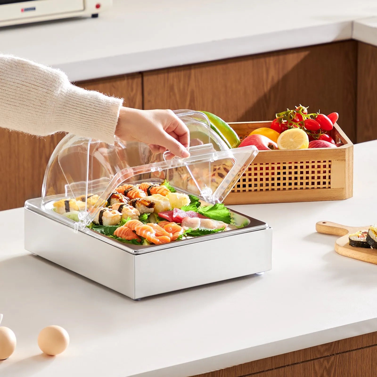 VEVOR Countertop Food Serving Display Container, 1 x 1/2 Pan Stainless Steel Food Serving Tray, Buffet Condiment Dispenser Display Rack with Clear Lid & Ice Tray, for Restaurant Hotel Kitchen Party 