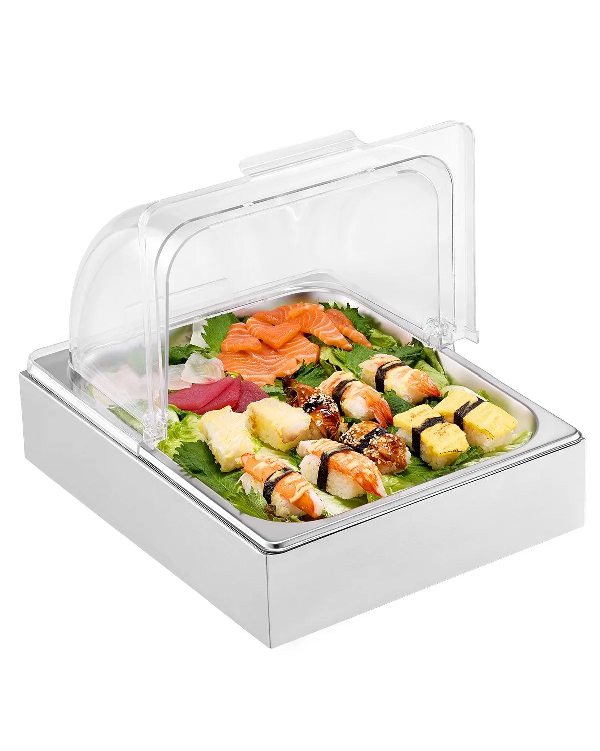 VEVOR Countertop Food Serving Display Container, 1 x 1/2 Pan Stainless Steel Food Serving Tray, Buffet Condiment Dispenser Display Rack with Clear Lid & Ice Tray, for Restaurant Hotel Kitchen Party 