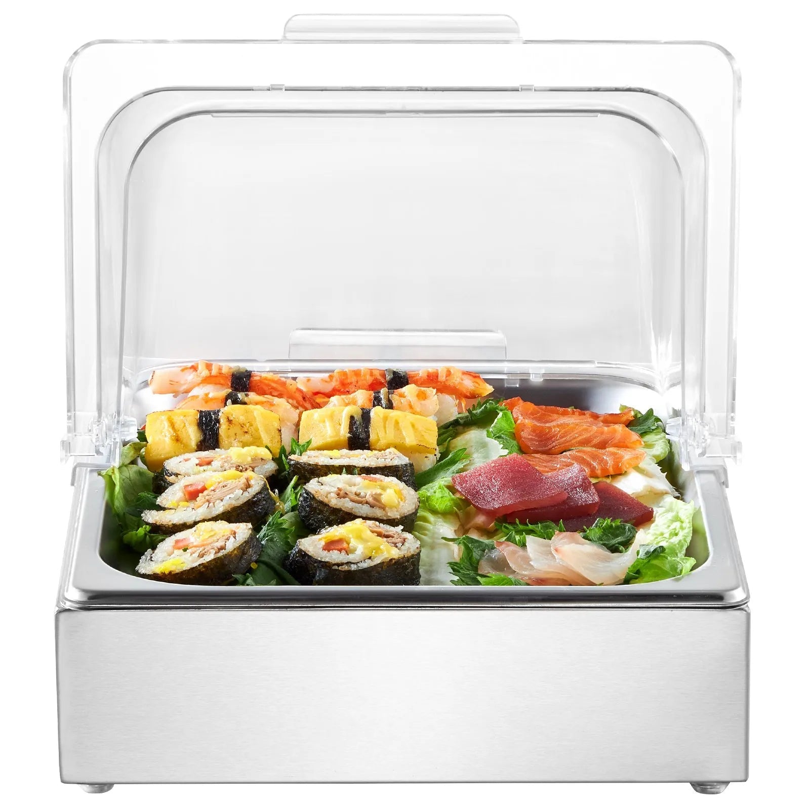 VEVOR Countertop Food Serving Display Container, 1 x 1/2 Pan Stainless Steel Food Serving Tray, Buffet Condiment Dispenser Display Rack with Clear Lid & Ice Tray, for Restaurant Hotel Kitchen Party 