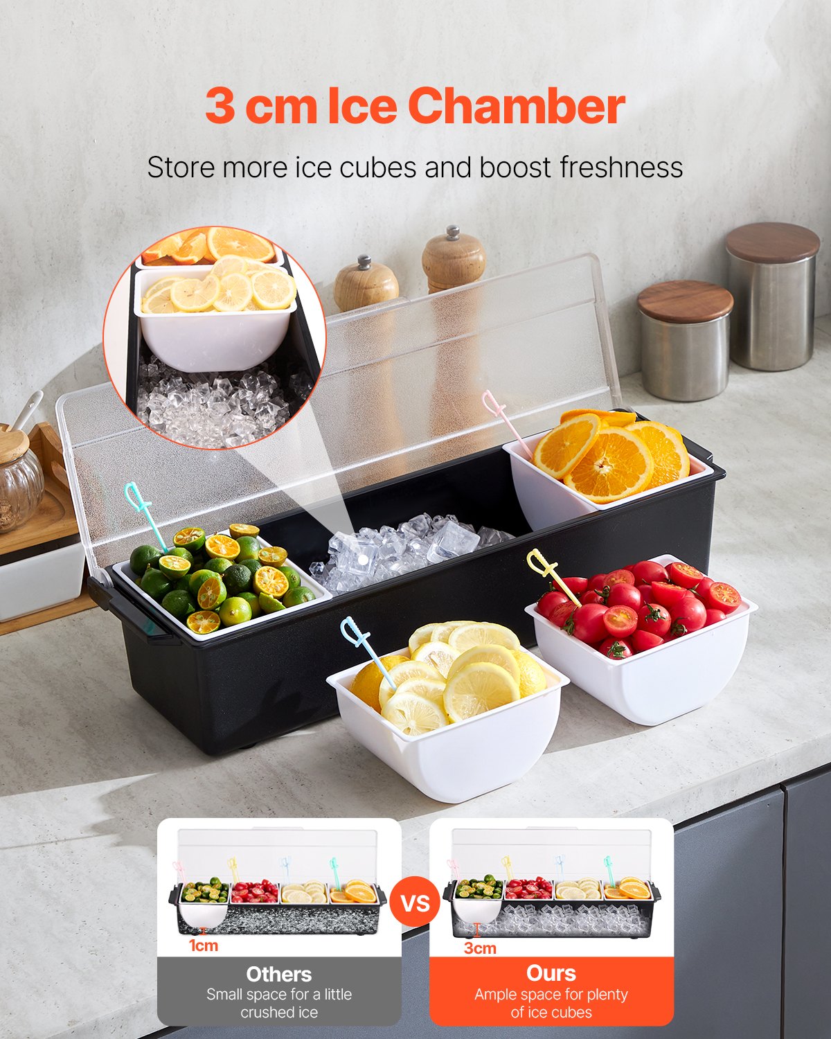 VEVOR Chilled Condiment Server 4 Compartment Cold Serving Tray with Clear Lid 