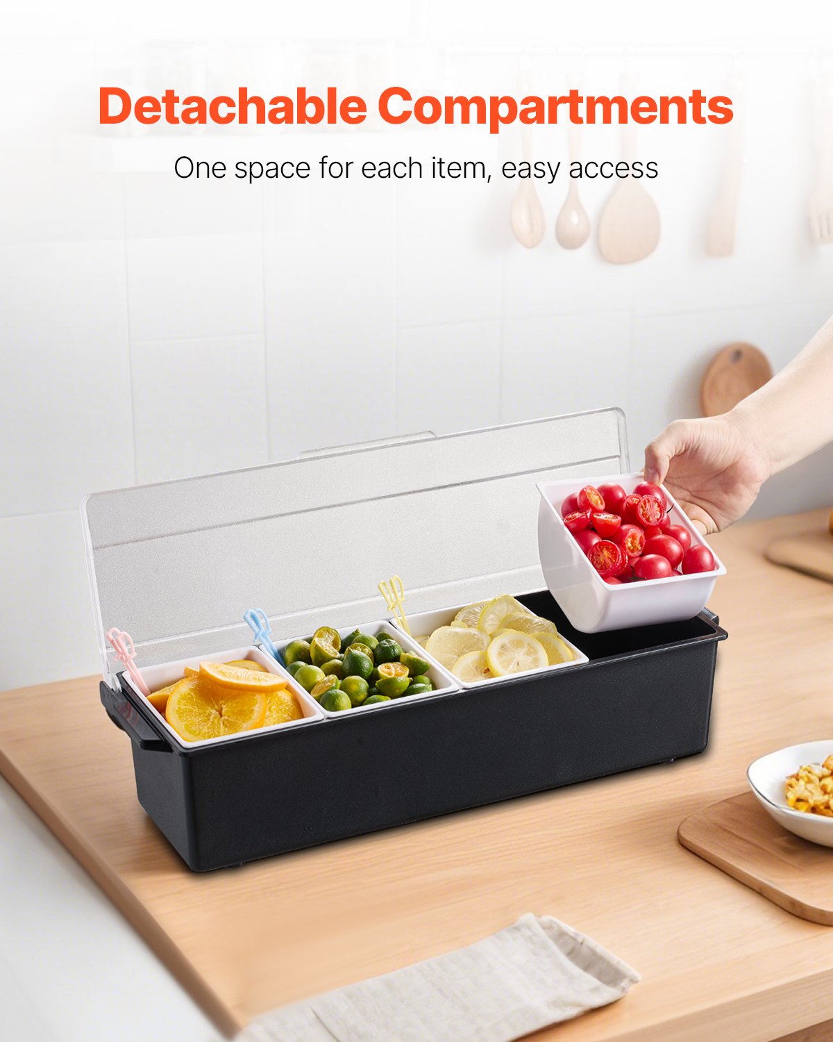VEVOR Chilled Condiment Server 4 Compartment Cold Serving Tray with Clear Lid 