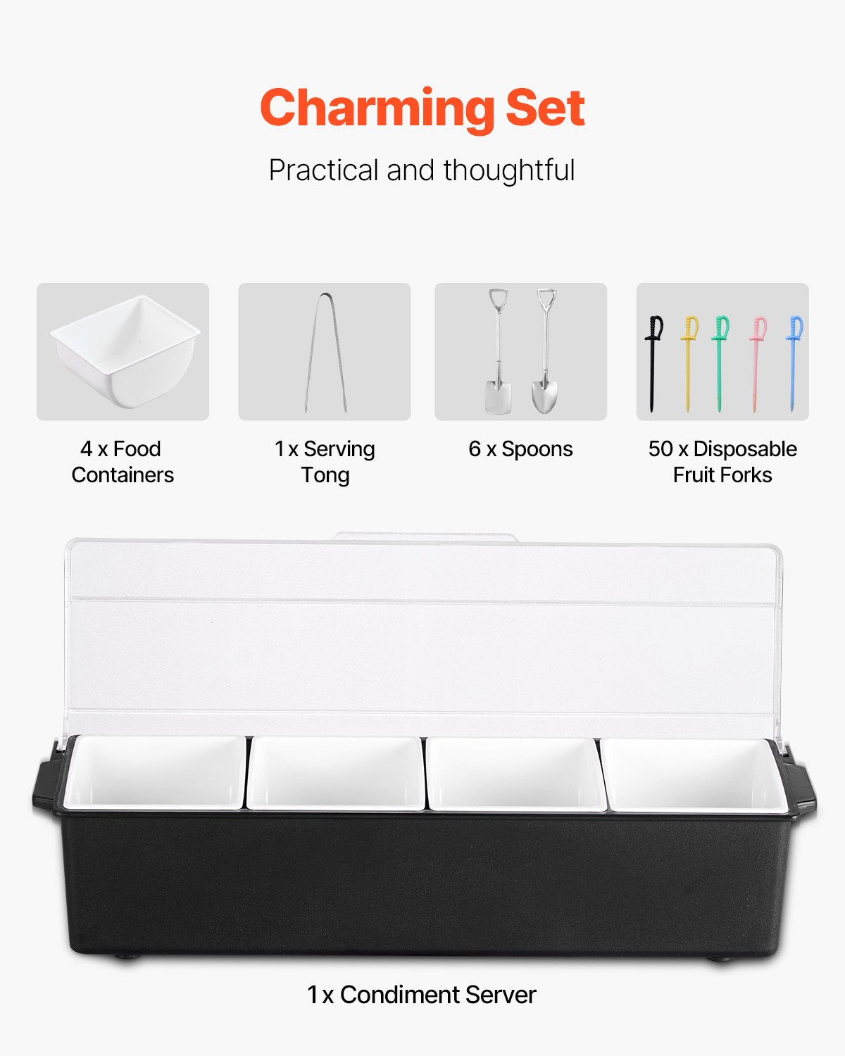 VEVOR Chilled Condiment Server 4 Compartment Cold Serving Tray with Clear Lid 