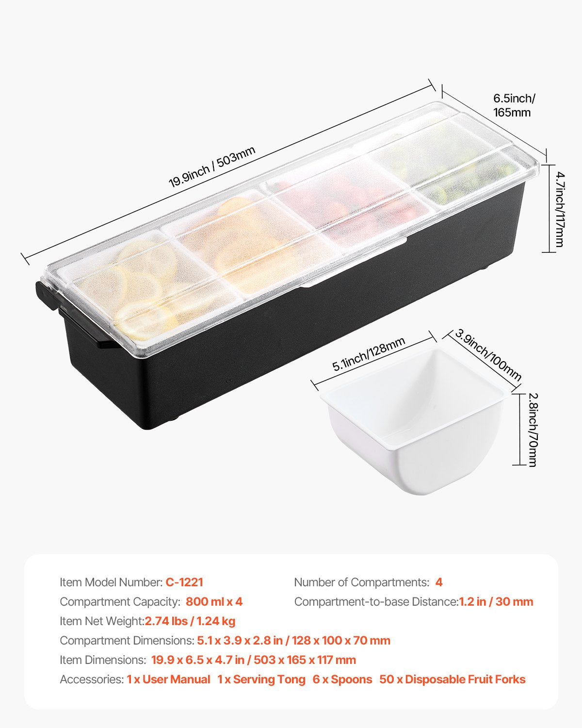 VEVOR Chilled Condiment Server 4 Compartment Cold Serving Tray with Clear Lid 