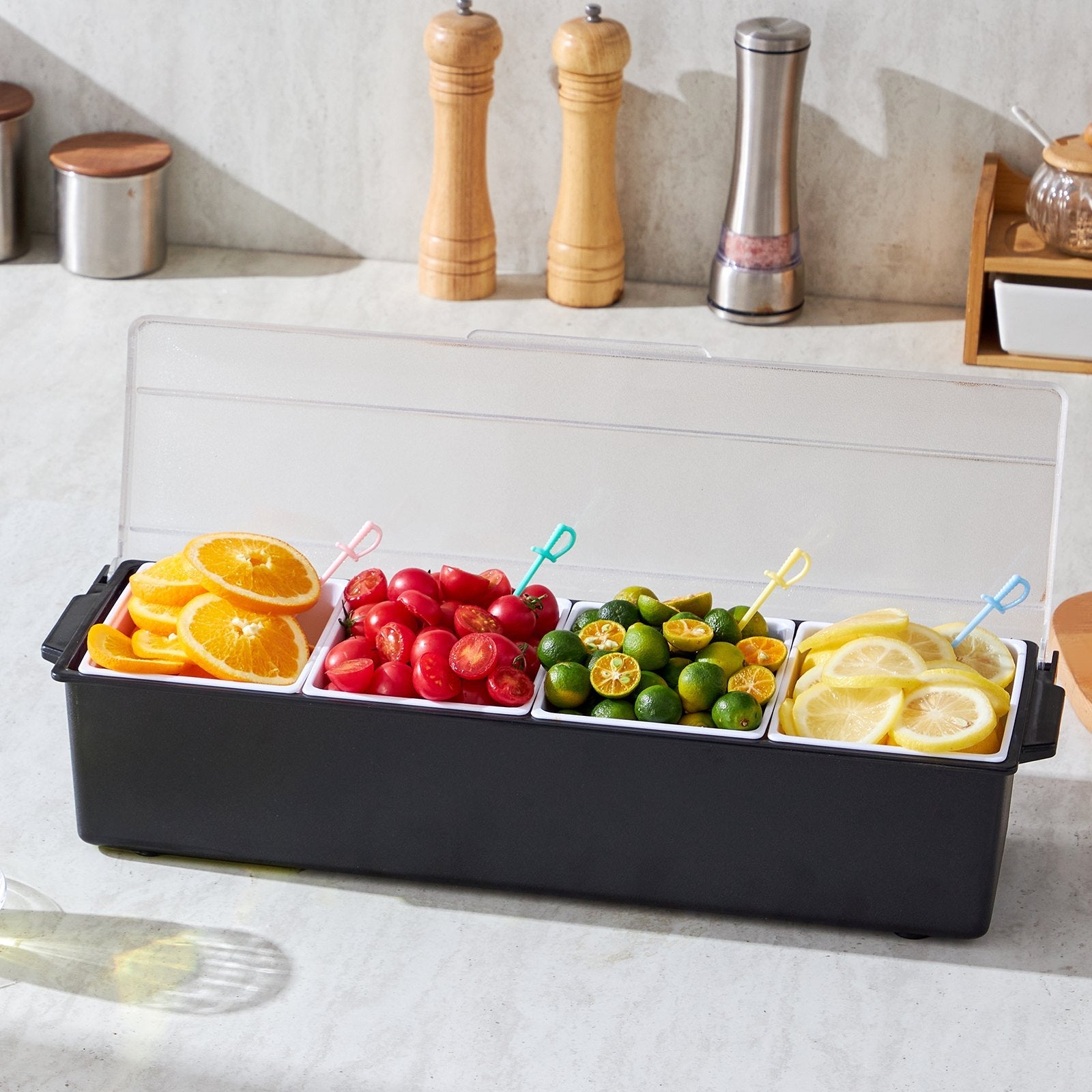 VEVOR Chilled Condiment Server 4 Compartment Cold Serving Tray with Clear Lid 