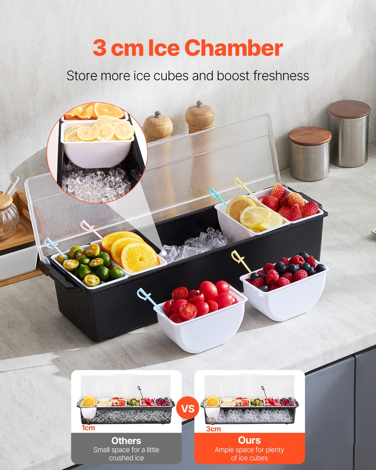 VEVOR Chilled Condiment Server 6 Compartment Cold Serving Tray with Clear Lid 