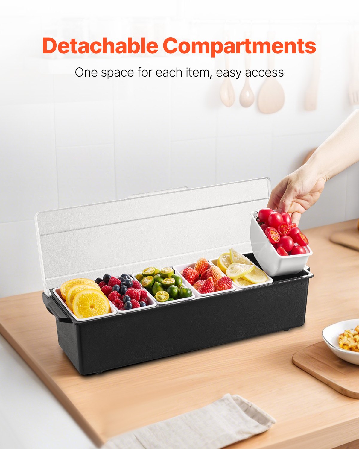 VEVOR Chilled Condiment Server 6 Compartment Cold Serving Tray with Clear Lid 
