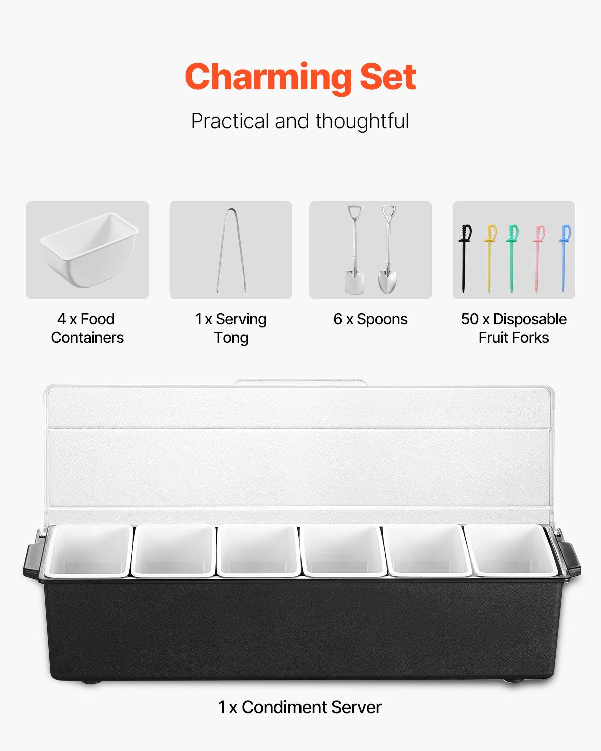 VEVOR Chilled Condiment Server 6 Compartment Cold Serving Tray with Clear Lid 