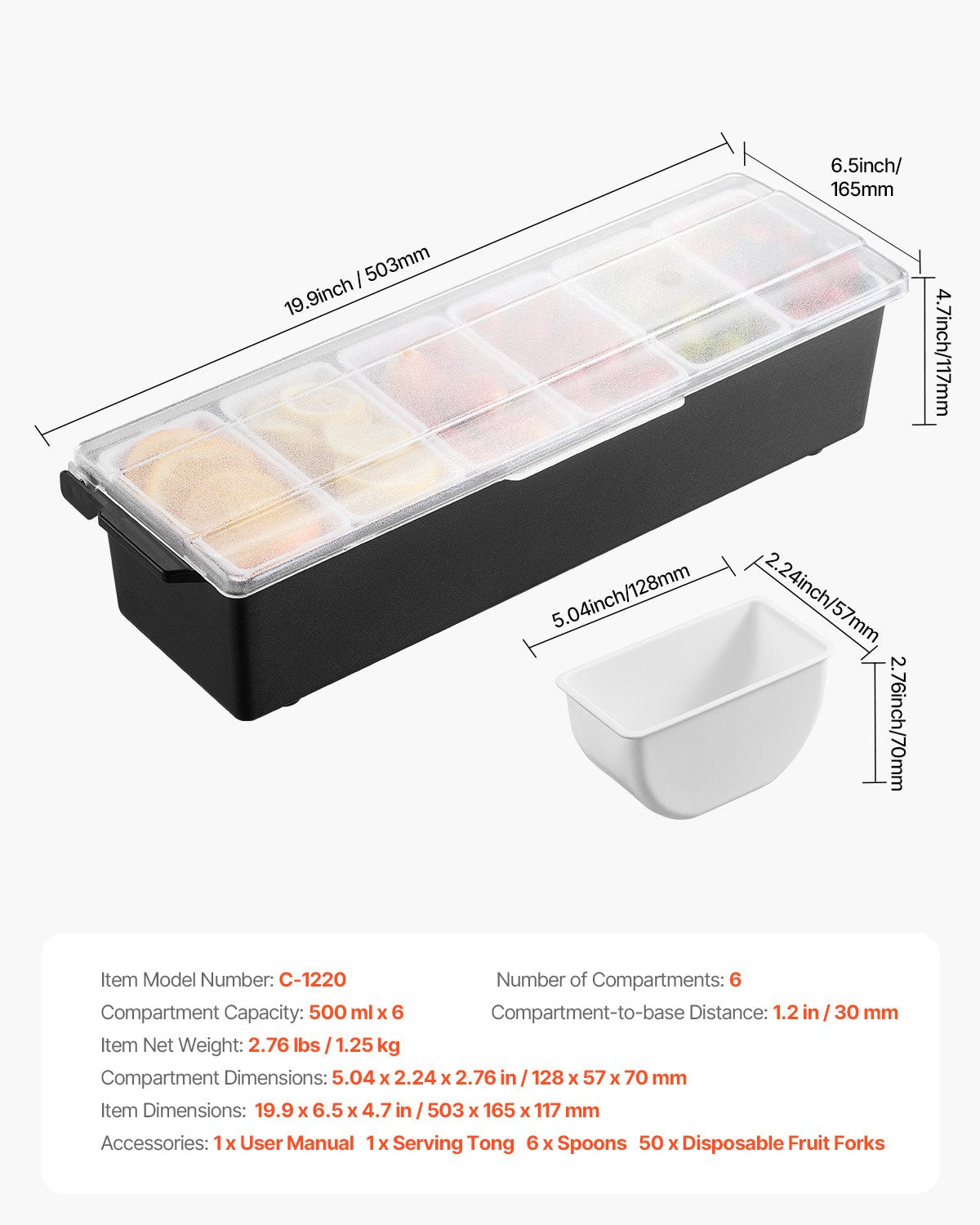 VEVOR Chilled Condiment Server 6 Compartment Cold Serving Tray with Clear Lid 