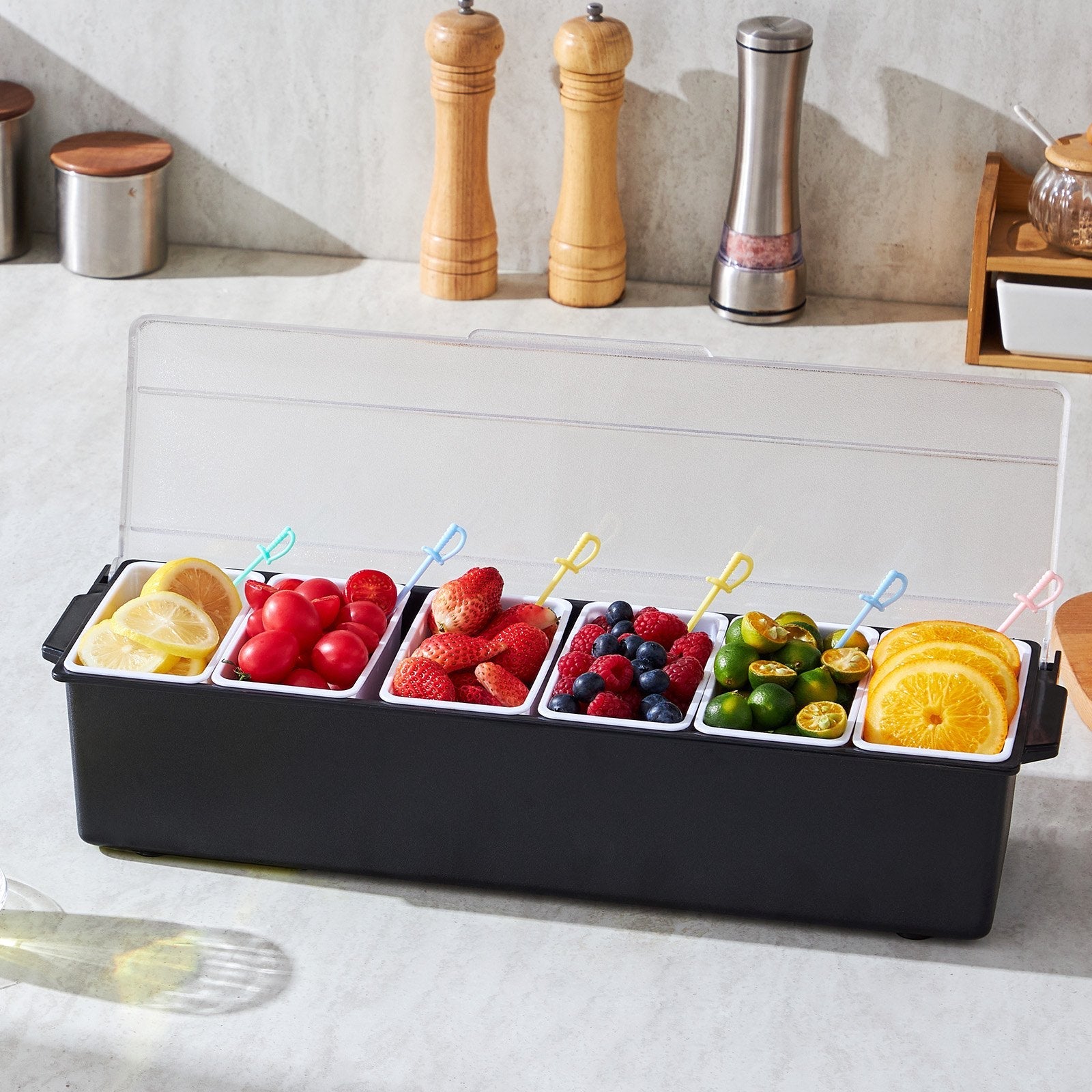 VEVOR Chilled Condiment Server 6 Compartment Cold Serving Tray with Clear Lid 
