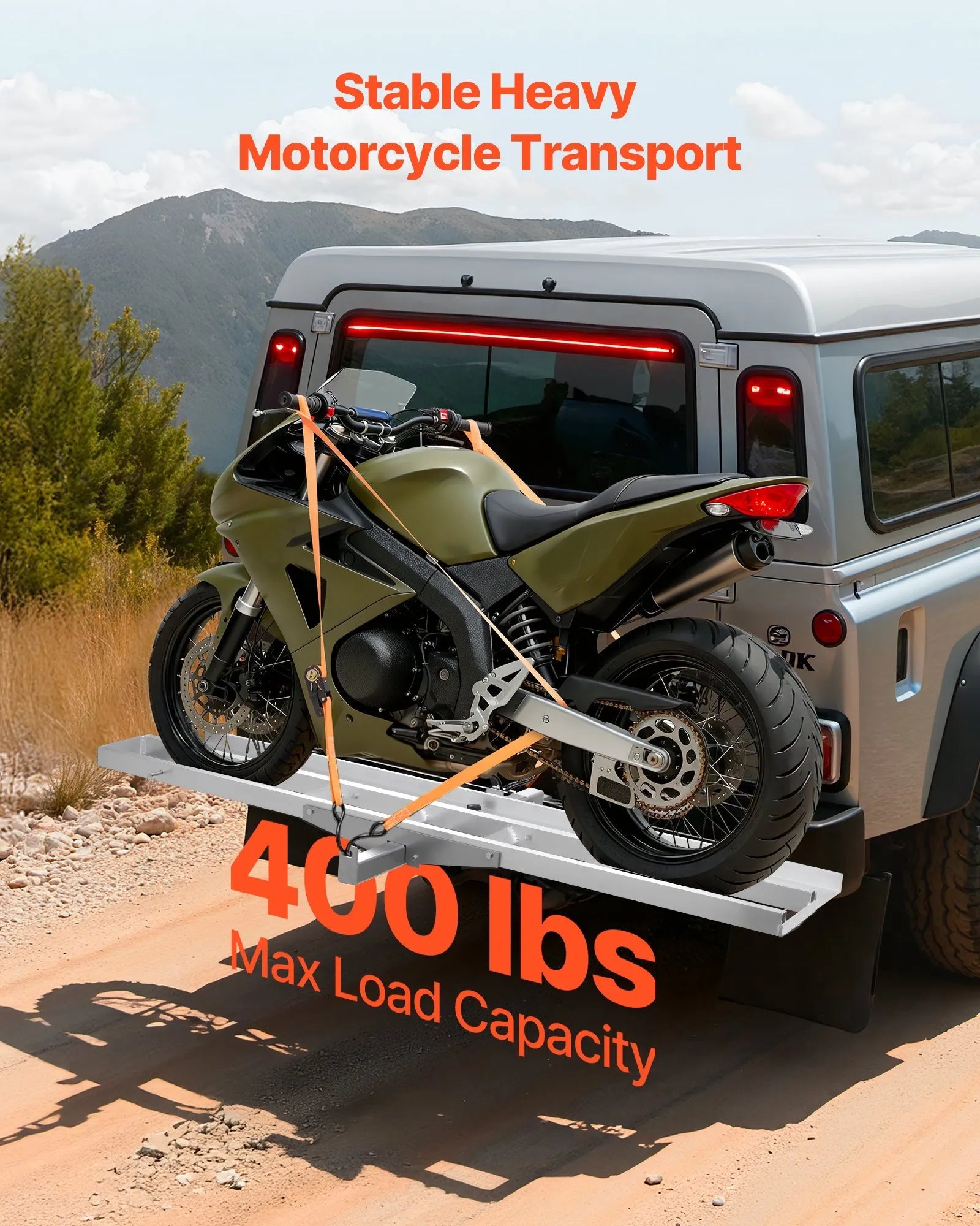 VEVOR Motorcycle Carrier, 400 lbs Capacity, Heavy Duty Aluminum Hitch Mount Rack with 73in Loading Ramp, Straps & Stabilizer, Scooter Dirt Bike Trailer Hauler for Car Truck with 2-Inch Hitch Receiver 