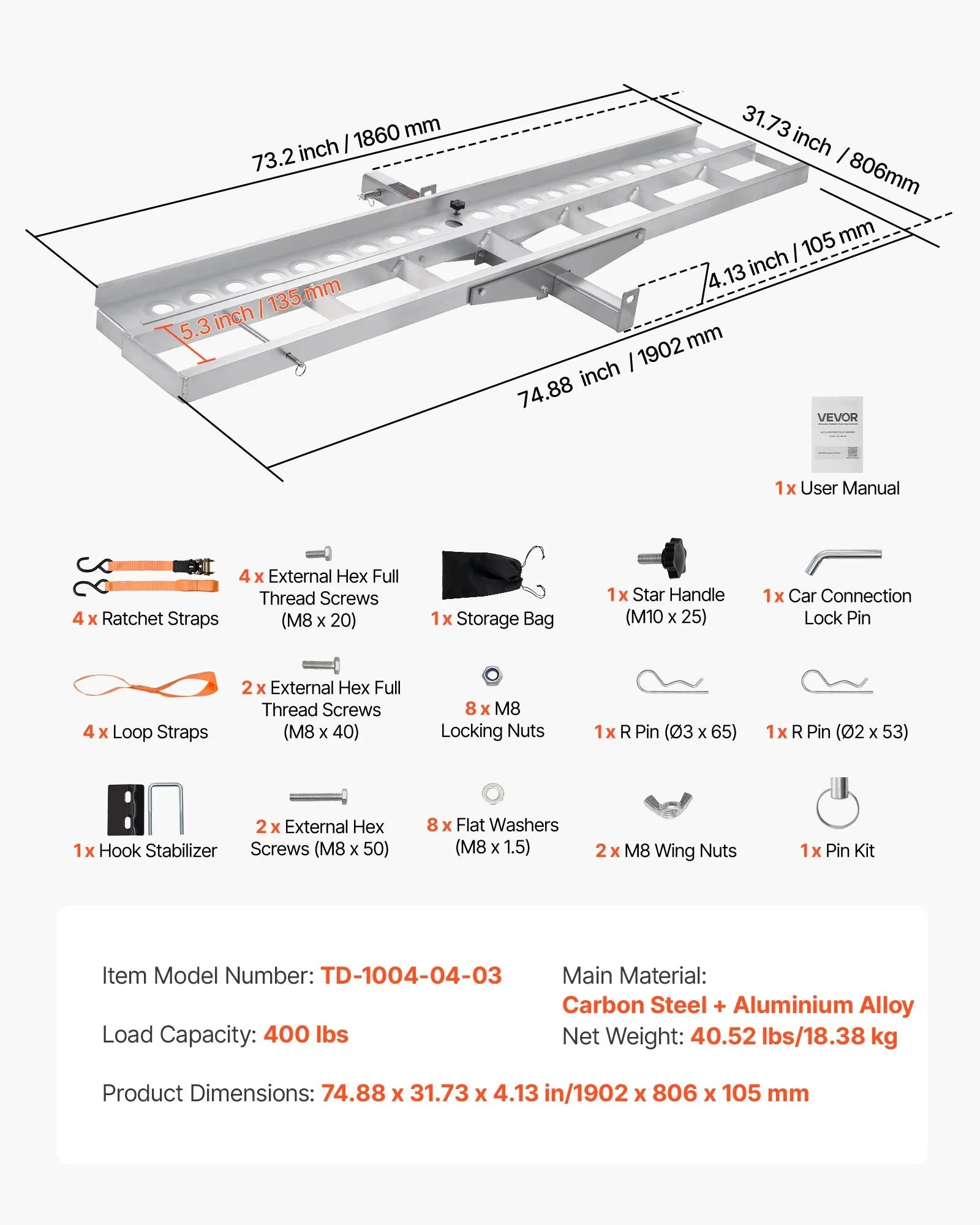 VEVOR Motorcycle Carrier, 400 lbs Capacity, Heavy Duty Aluminum Hitch Mount Rack with 73in Loading Ramp, Straps & Stabilizer, Scooter Dirt Bike Trailer Hauler for Car Truck with 2-Inch Hitch Receiver 