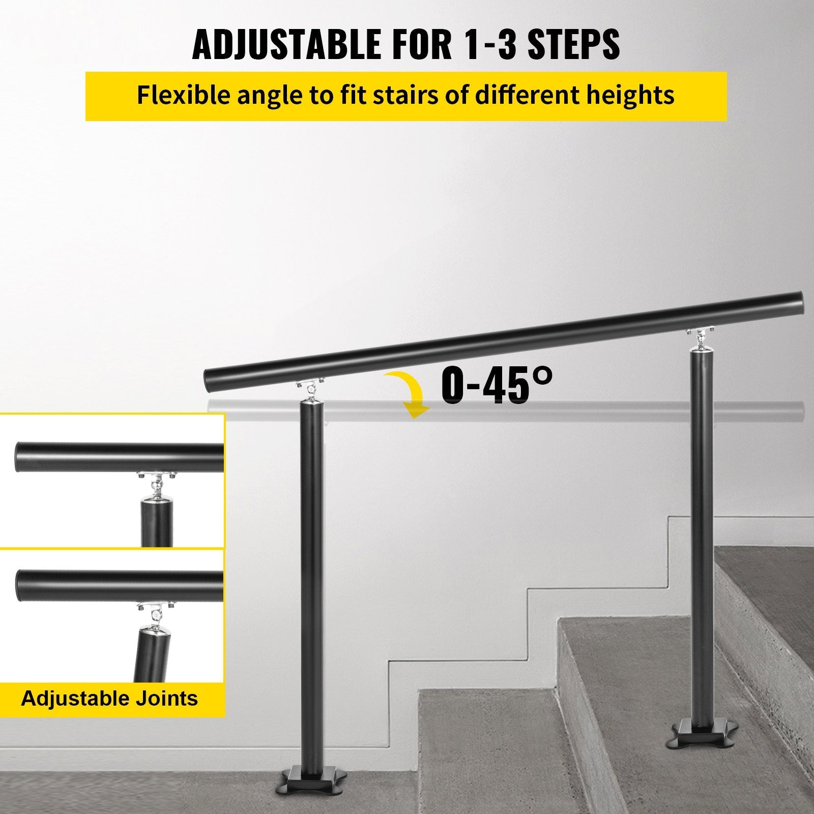 Stair Handrail Outdoor Handrail Aluminum Fits 1-3 Steps 3ft Railing Adjustable 