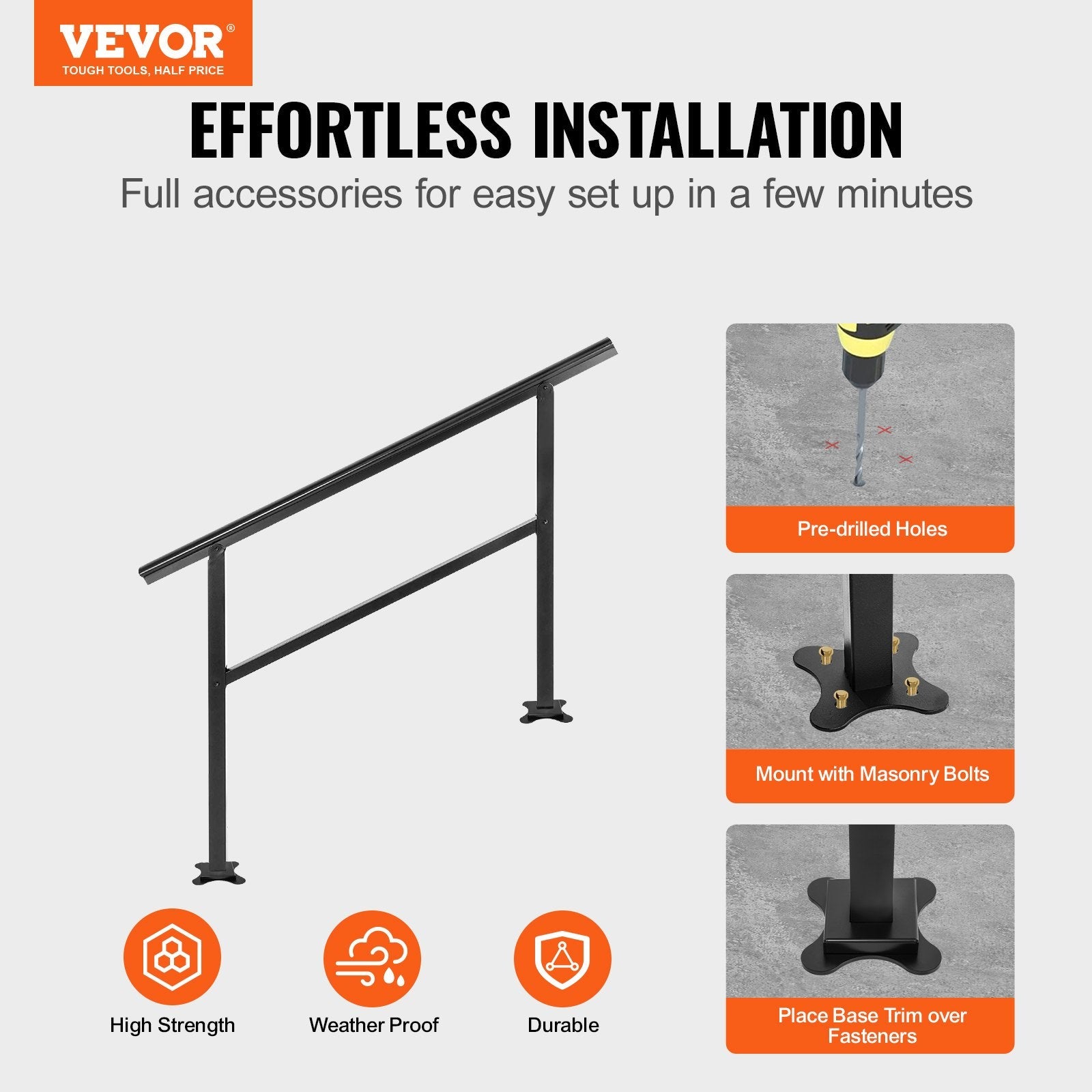 Handrail Outdoor Stairs, Outdoor Handrail 48 x 35.5 Inch Black Fits 1/2/3 Steps 