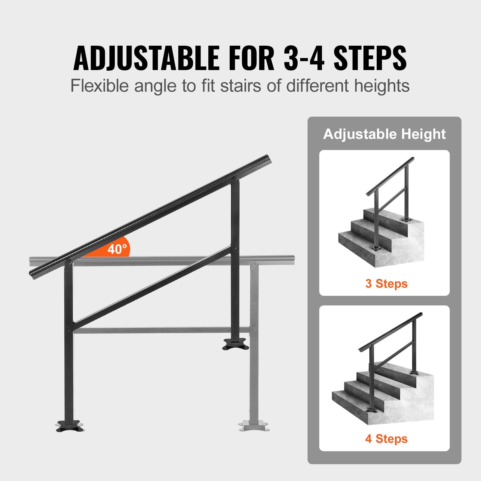 Handrail Outdoor Stairs, Outdoor Handrail 48 x 35.5 Inch Black Fits 1/2/3 Steps 