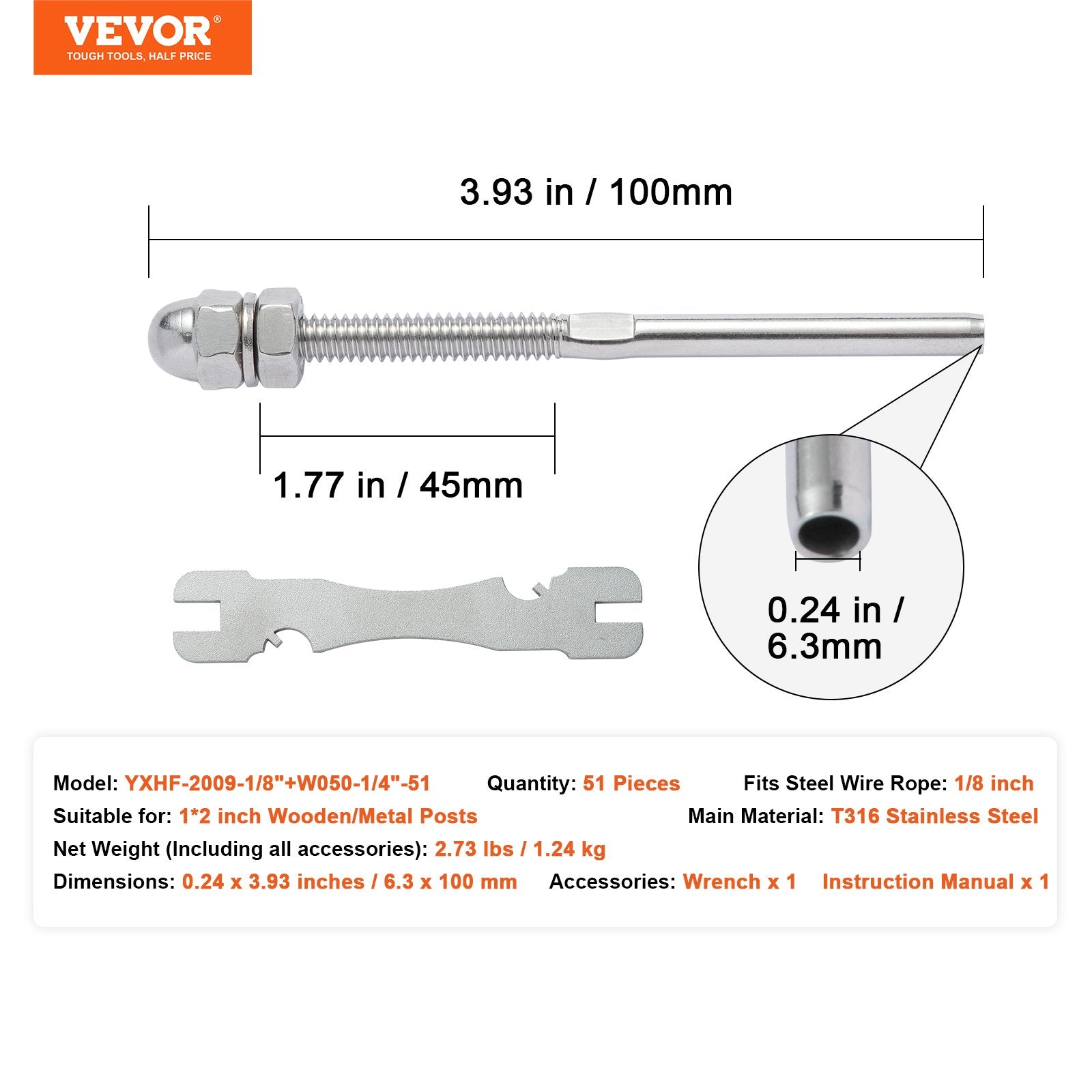 VEVOR 51 Pack Cable Railing Swage Threaded Stud Tension End Fitting Terminal for 1/8" Deck Cable Railing, T316 Stainless Steel, Cable Railing Tensioner 1/8" for Wood/Metal Post, Silver 