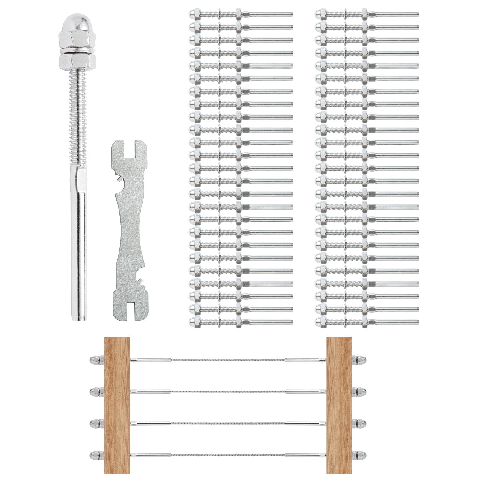 VEVOR 51 Pack Cable Railing Swage Threaded Stud Tension End Fitting Terminal for 1/8" Deck Cable Railing, T316 Stainless Steel, Cable Railing Tensioner 1/8" for Wood/Metal Post, Silver 