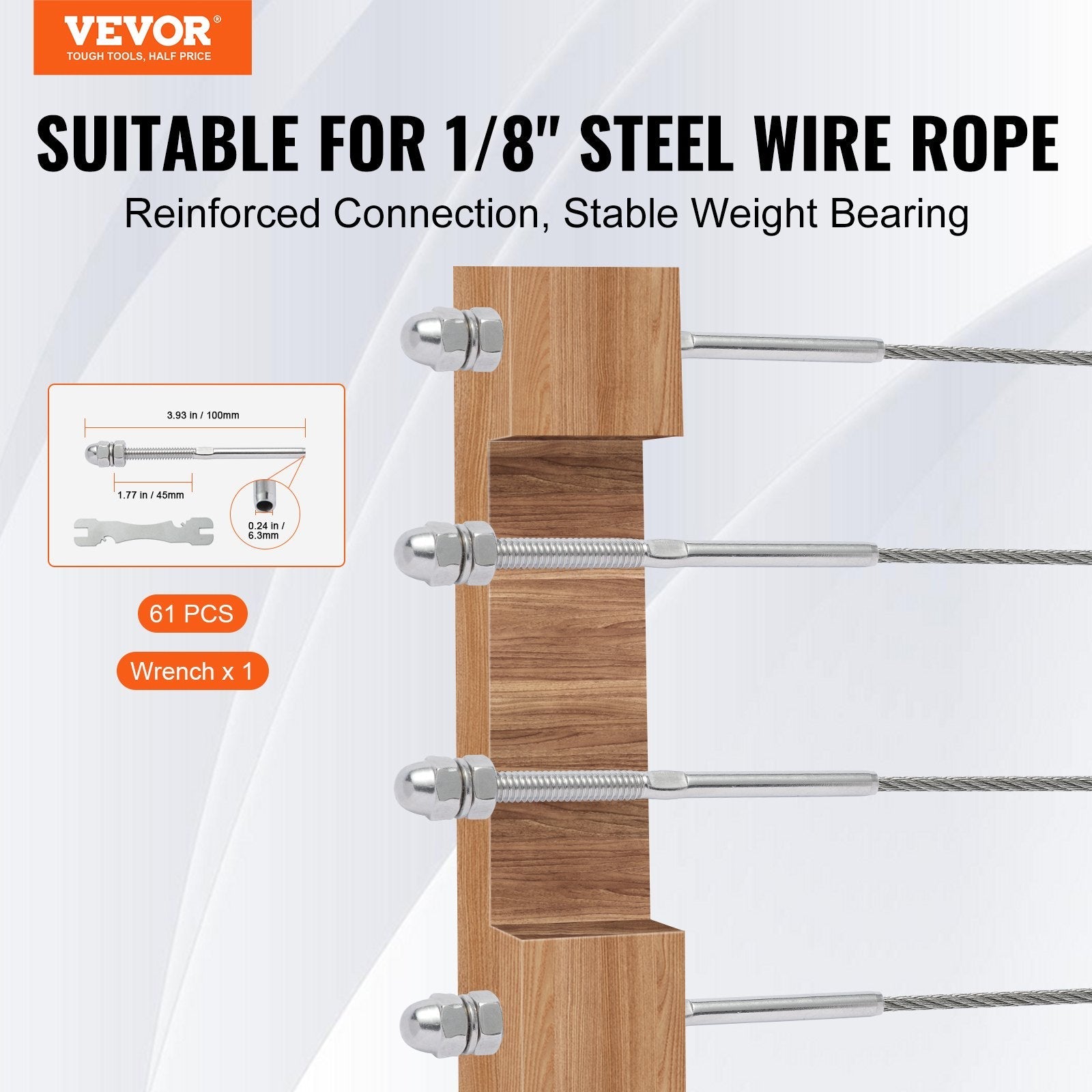 VEVOR 61 Pack Cable Railing Swage Threaded Stud Tension End Fitting Terminal for 1/8" Deck Cable Railing, T316 Stainless Steel, Cable Railing Tensioner 1/8" for Wood/Metal Post, Silver 