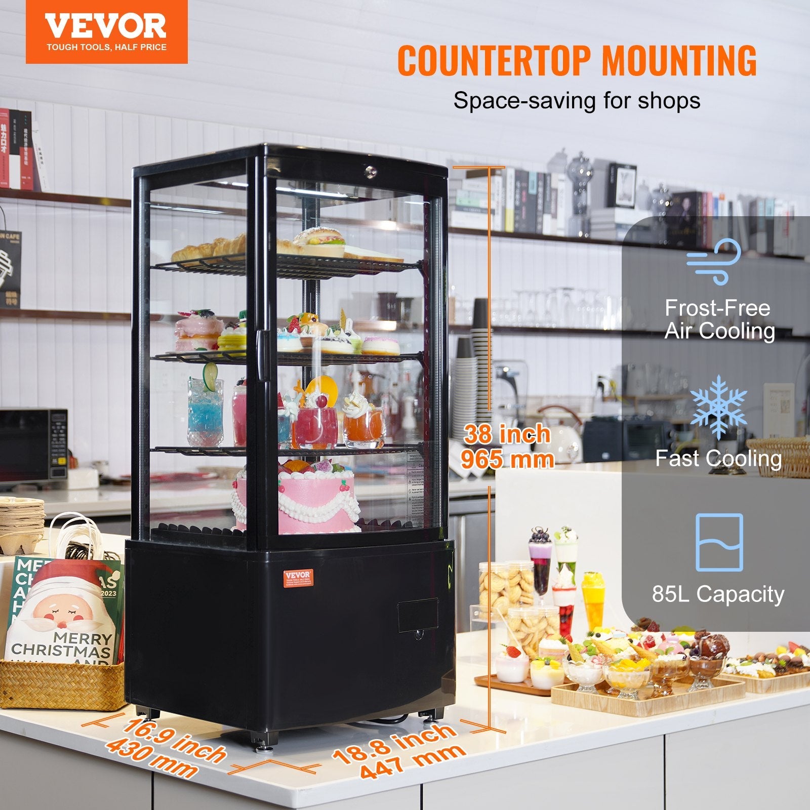 VEVOR Refrigerated Display Case, 3 Cu.Ft./85L, 3-Tier, Countertop Pastry Display Case Commercial Display Refrigerator with LED Lighting, TURBO Cooling, Frost-Free Air-Cooling, Locked Door for Bakery 