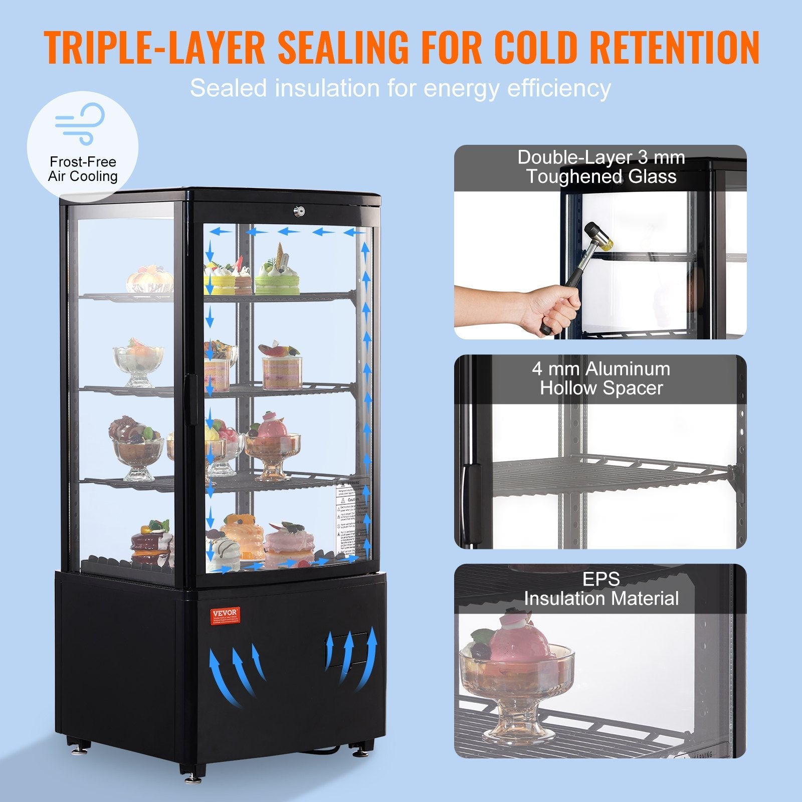 VEVOR Refrigerated Display Case, 3 Cu.Ft./85L, 3-Tier, Countertop Pastry Display Case Commercial Display Refrigerator with LED Lighting, TURBO Cooling, Frost-Free Air-Cooling, Locked Door for Bakery 