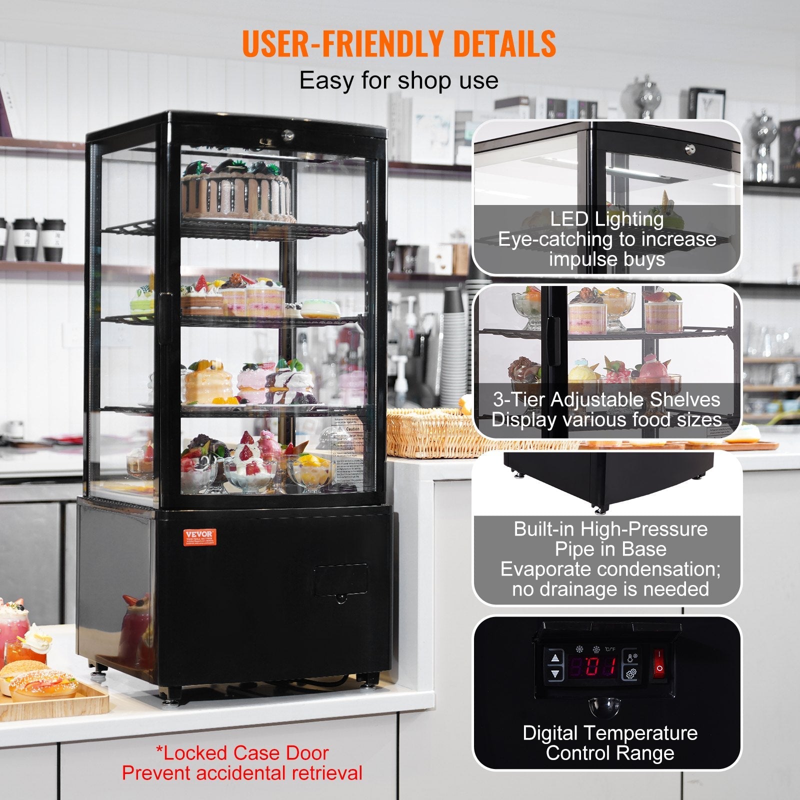 VEVOR Refrigerated Display Case, 3 Cu.Ft./85L, 3-Tier, Countertop Pastry Display Case Commercial Display Refrigerator with LED Lighting, TURBO Cooling, Frost-Free Air-Cooling, Locked Door for Bakery 