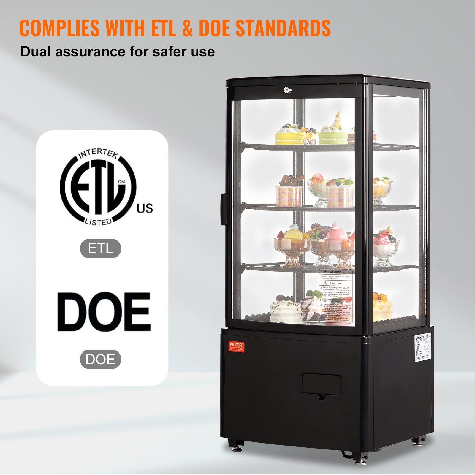 VEVOR Refrigerated Display Case, 3 Cu.Ft./85L, 3-Tier, Countertop Pastry Display Case Commercial Display Refrigerator with LED Lighting, TURBO Cooling, Frost-Free Air-Cooling, Locked Door for Bakery 